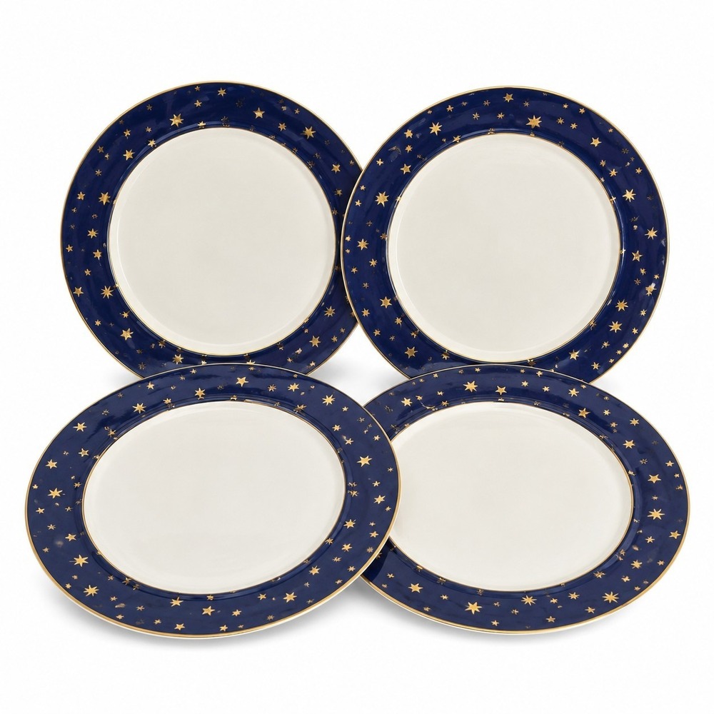 Sakura Galaxy Blue Dinner Plates Set of 4 14K Gold Stars Fine Porcelain